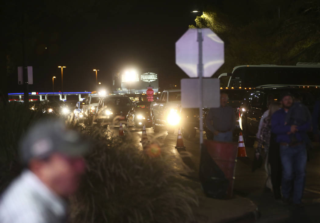 Traffic backs up as attendees arrive for the second night of the National Finals Rodeo at the Thomas & Mack Center in Las Vegas on Friday, Dec. 8, 2017. Chase Stevens Las Vegas Review-Journal ...